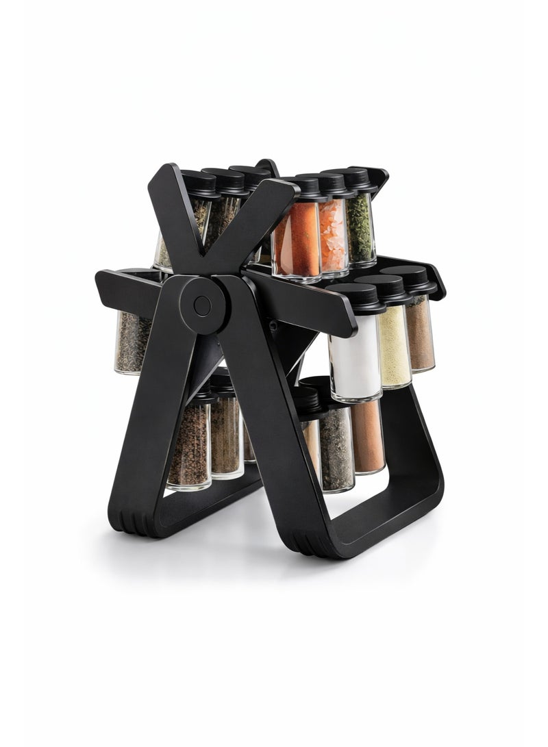 Wheel design rotating spice rack with clear glass jars for kitchen organization